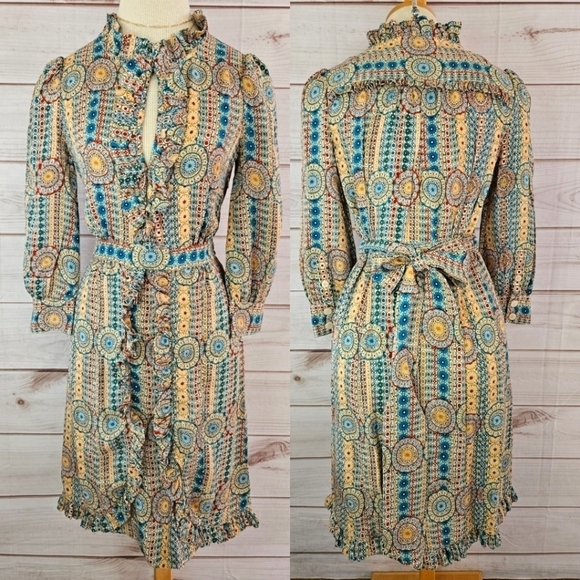 Marc Jacobs Floral and Paisley Print Ruffle Silk Dress in Cream and Green Size 6 - Picture 1 of 14